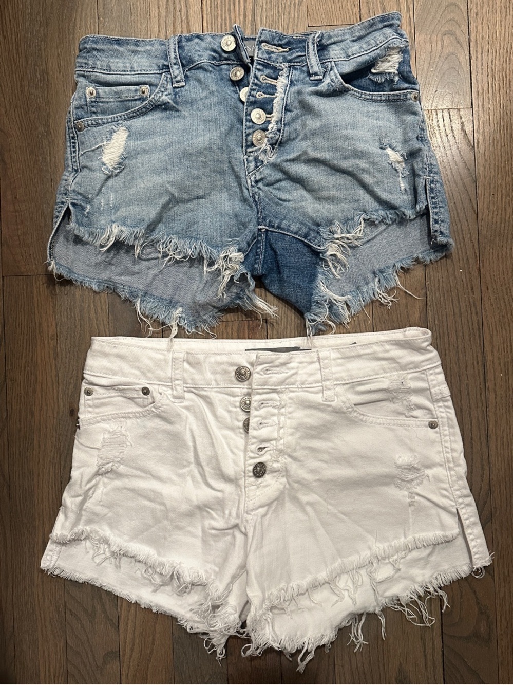 Just USA Distressed Denim Shorts in Light Blue and White